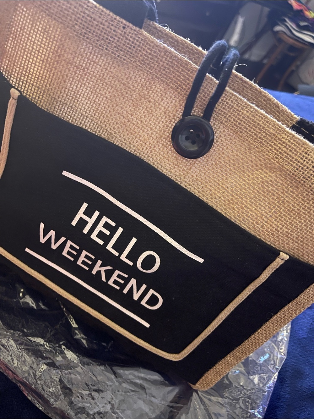 Canvas & Jute 'Hello Weekend' Tote Bag - Black and Natural